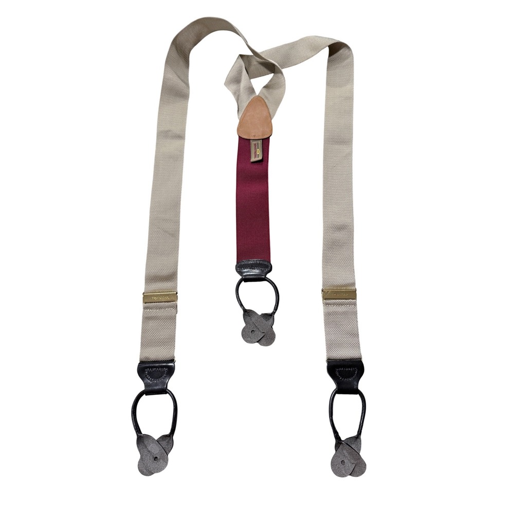 Trafalgar Men's Suspenders Burgundy Red Tan Leather Button Clip Y-Back